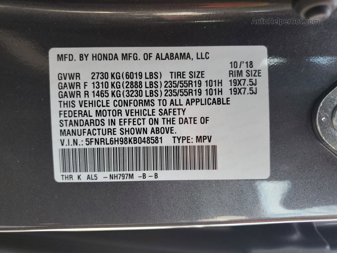 2019 Honda Odyssey Elite Gray vin: 5FNRL6H98KB048581