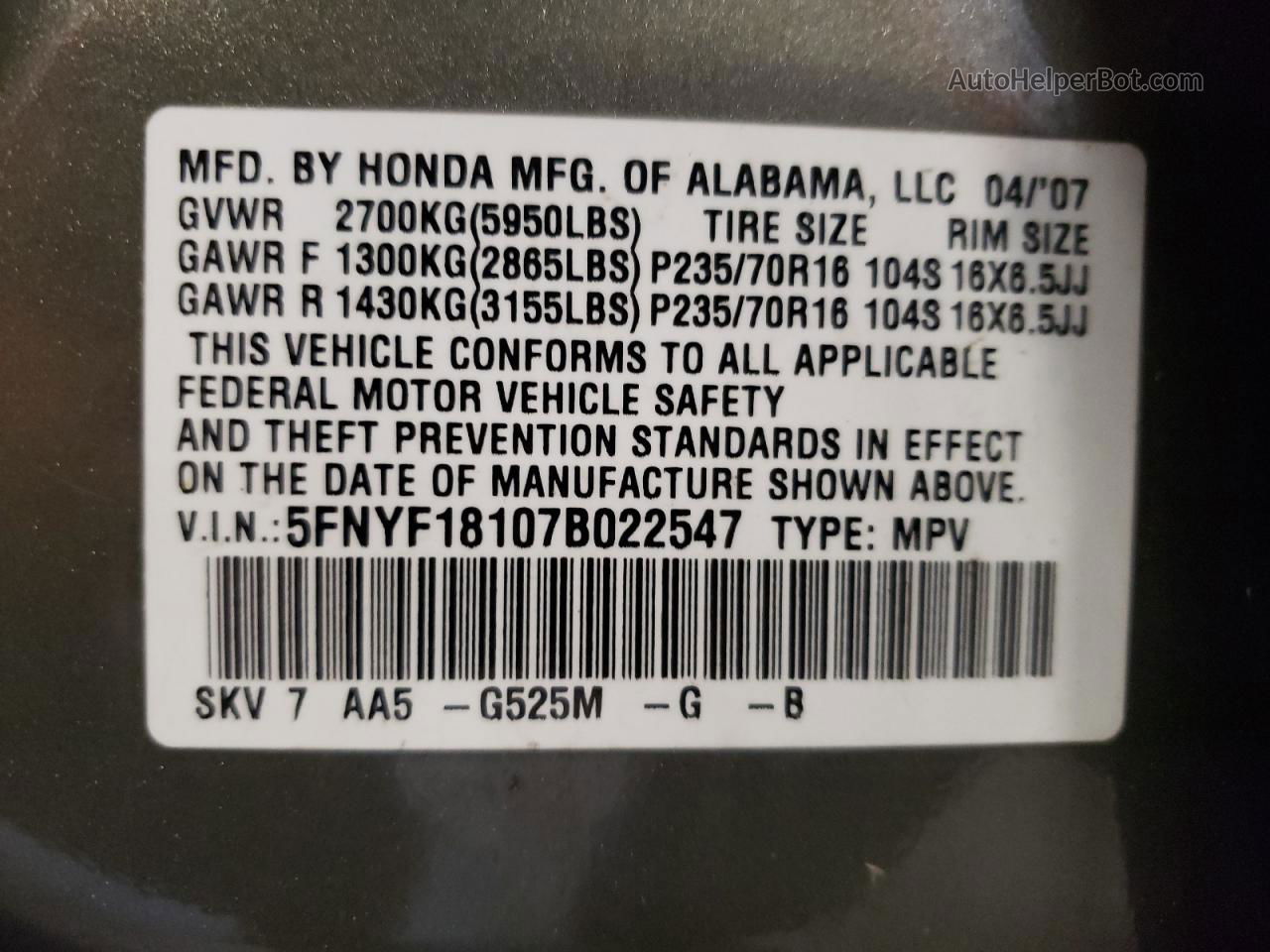 2007 Honda Pilot Lx Green vin: 5FNYF18107B022547