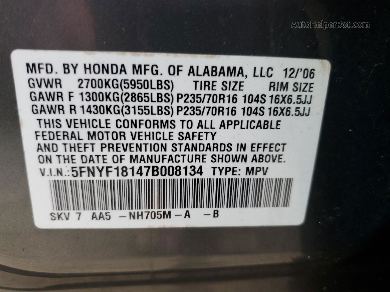 2007 Honda Pilot Lx Gray vin: 5FNYF18147B008134