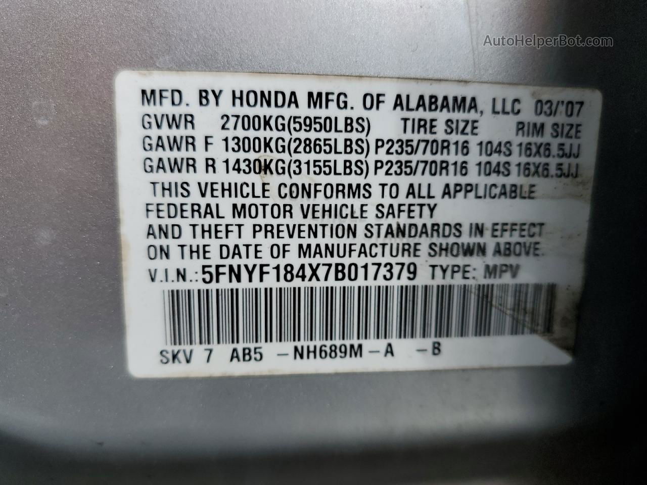 2007 Honda Pilot Ex Silver vin: 5FNYF184X7B017379