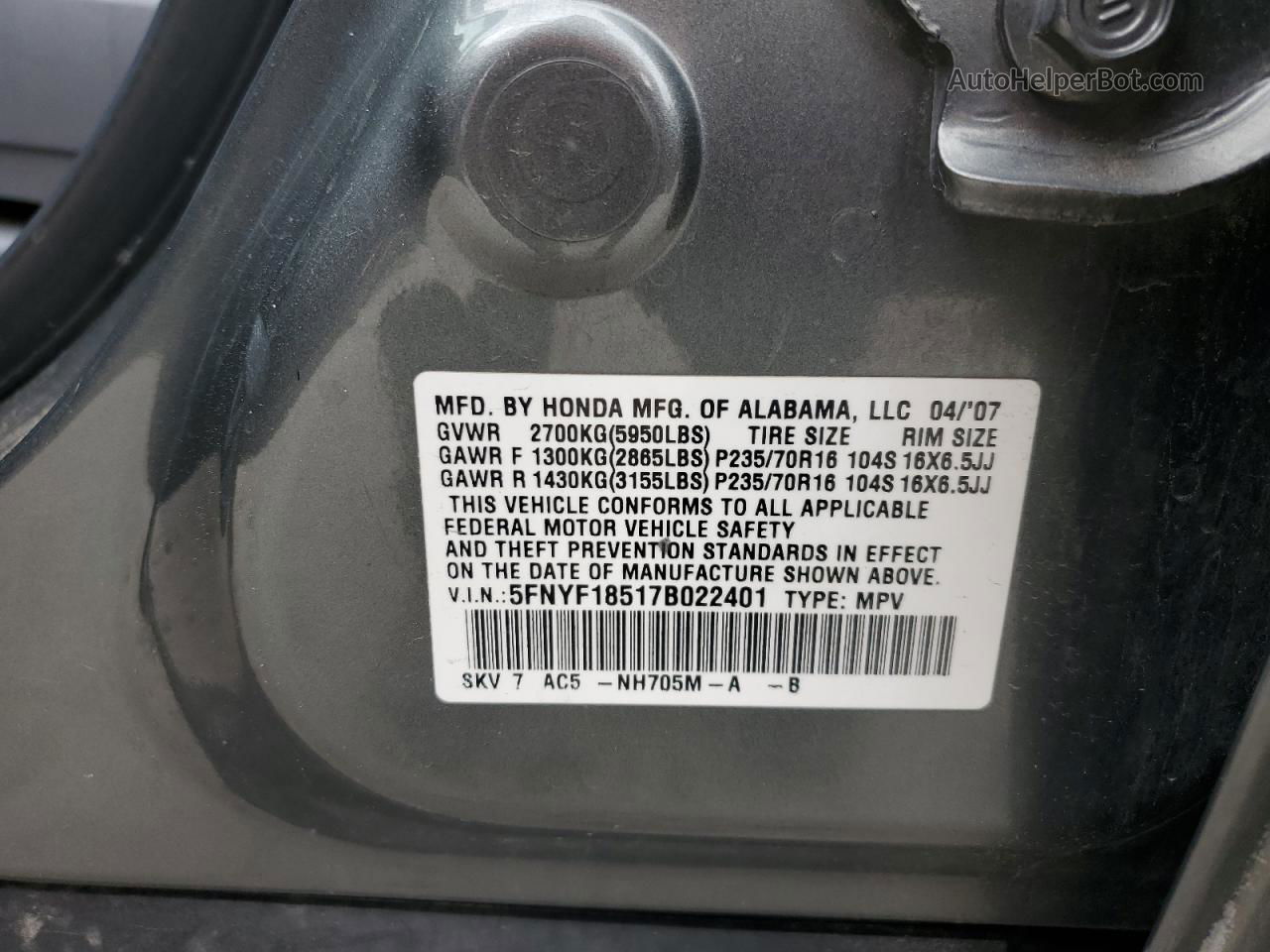 2007 Honda Pilot Exl Charcoal vin: 5FNYF18517B022401