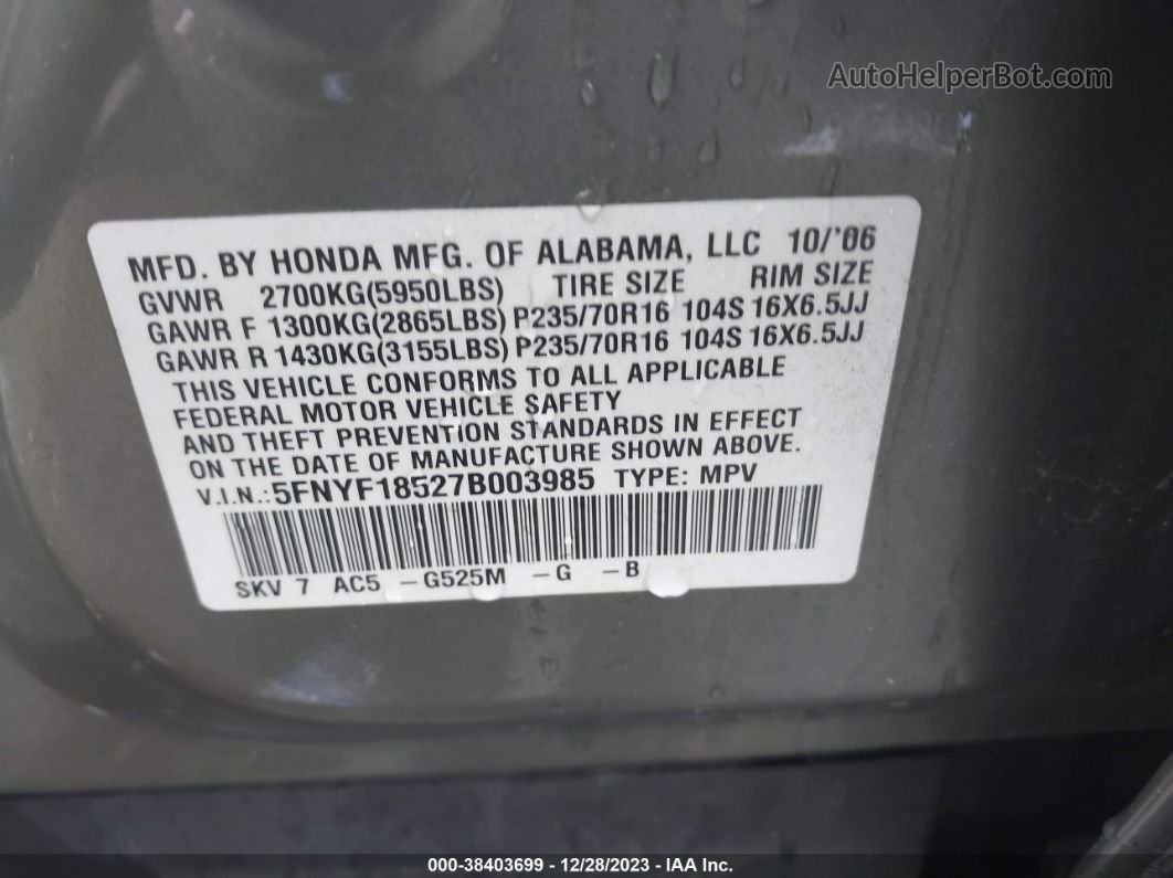 2007 Honda Pilot Ex-l Серый vin: 5FNYF18527B003985