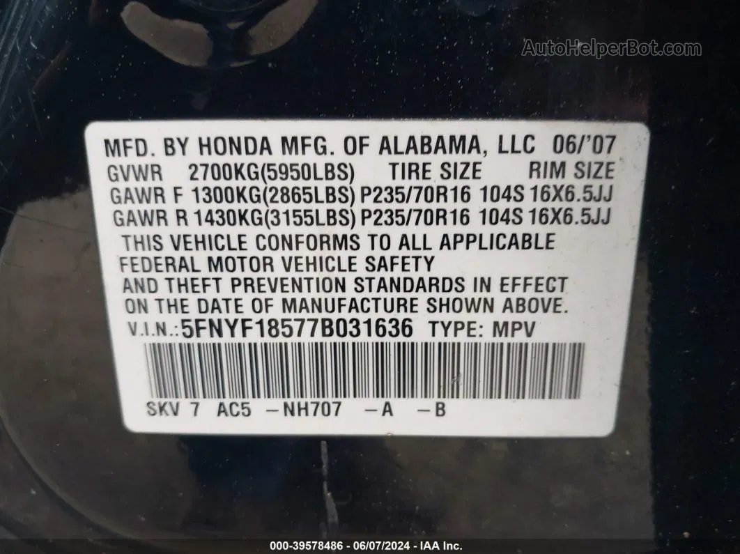 2007 Honda Pilot Ex-l Black vin: 5FNYF18577B031636