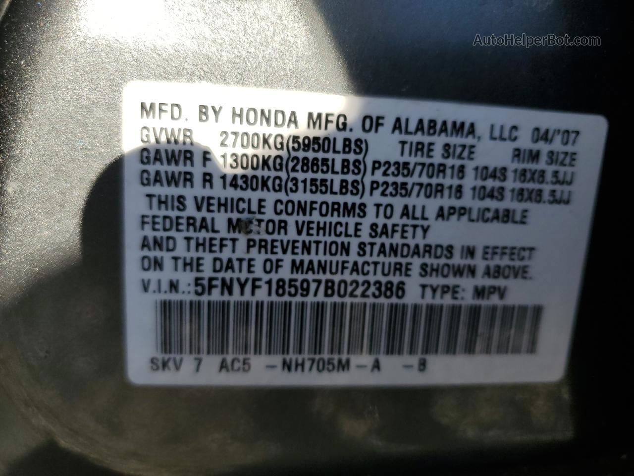 2007 Honda Pilot Exl Gray vin: 5FNYF18597B022386