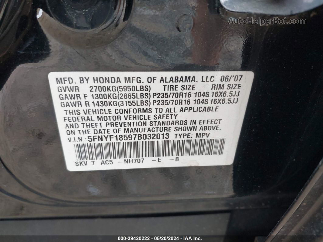 2007 Honda Pilot Ex-l Черный vin: 5FNYF18597B032013