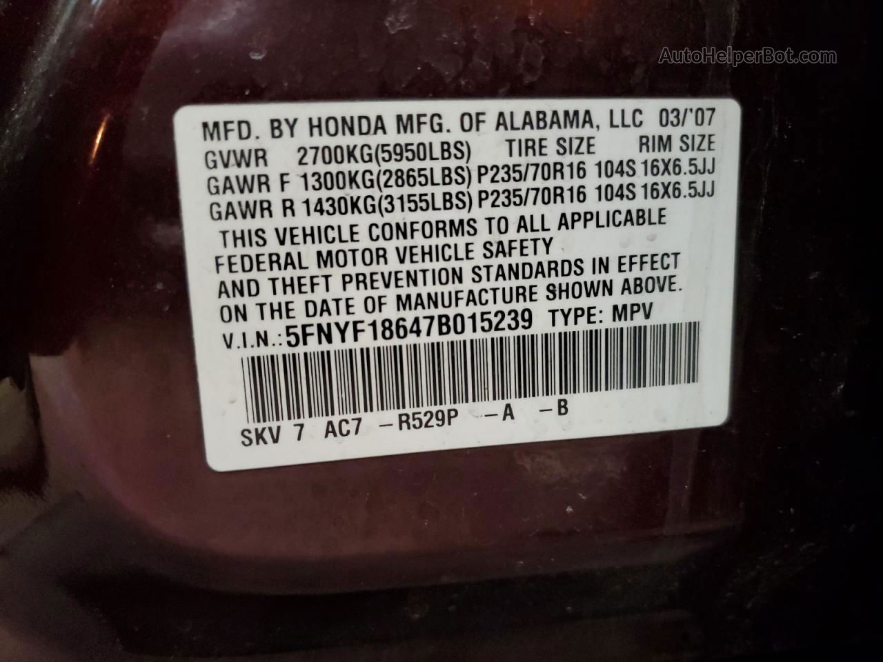 2007 Honda Pilot Exl Burgundy vin: 5FNYF18647B015239