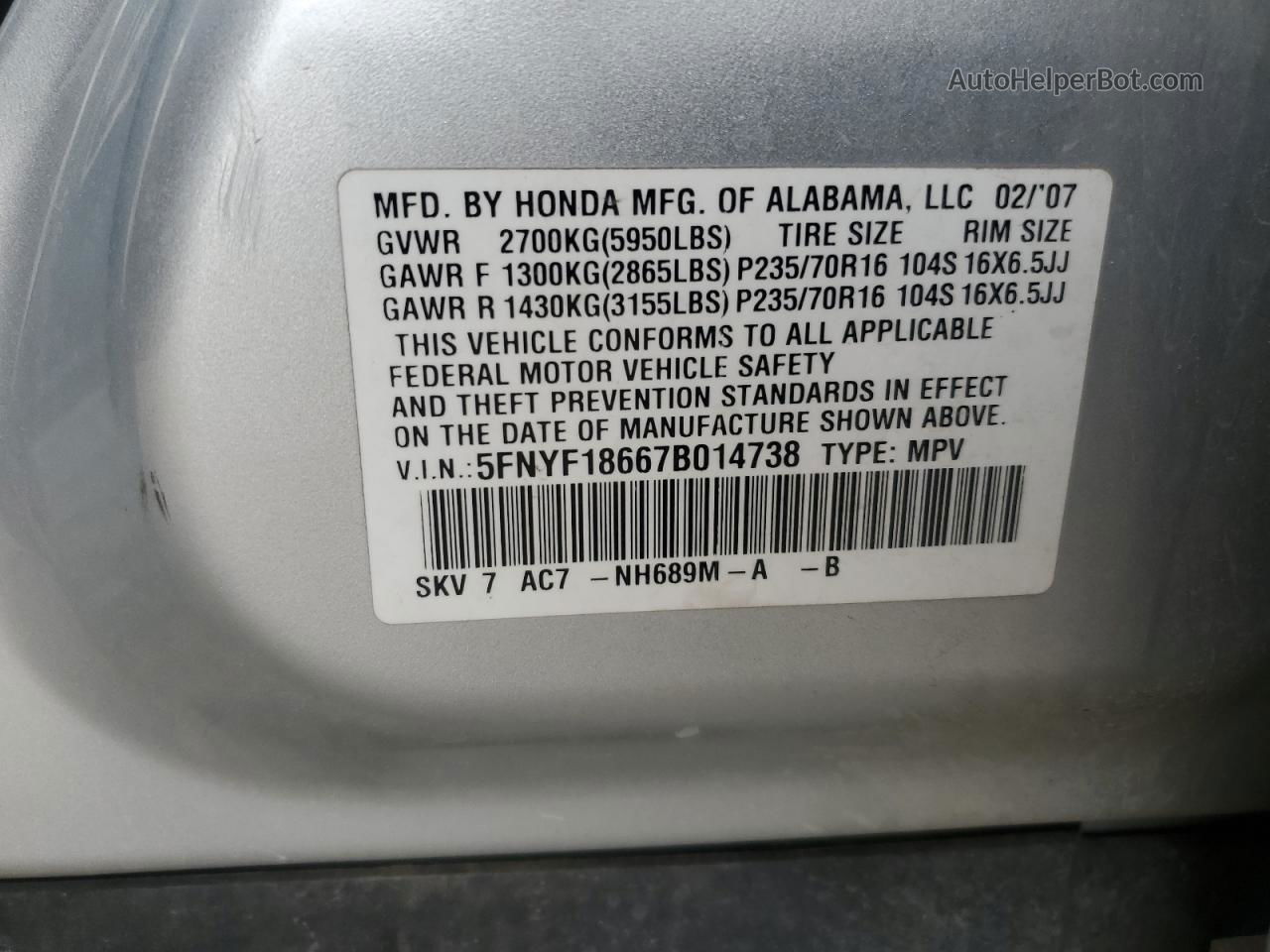 2007 Honda Pilot Exl Silver vin: 5FNYF18667B014738