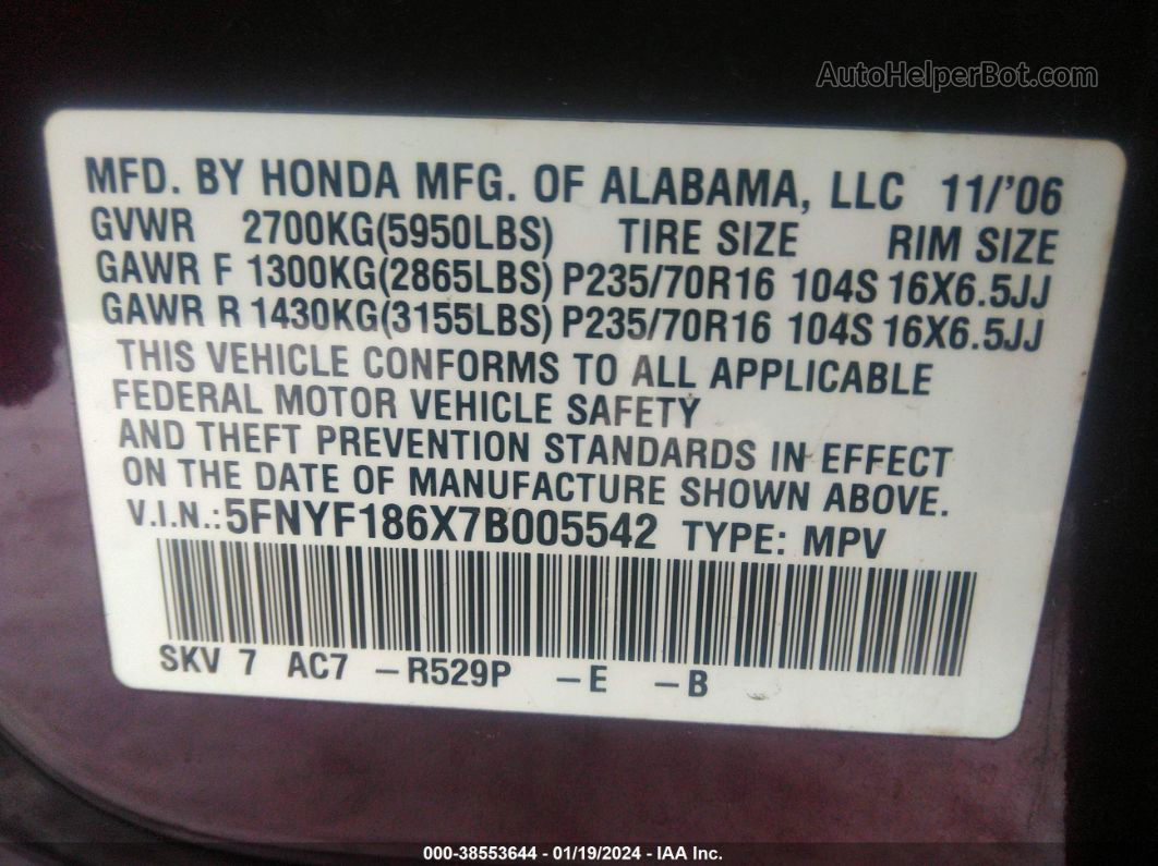 2007 Honda Pilot Ex-l Maroon vin: 5FNYF186X7B005542