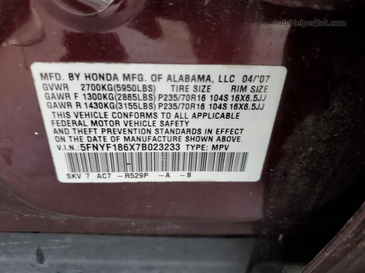 2007 Honda Pilot Exl Бордовый vin: 5FNYF186X7B023233