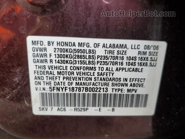 2007 Honda Pilot Exl Maroon vin: 5FNYF18787B002213