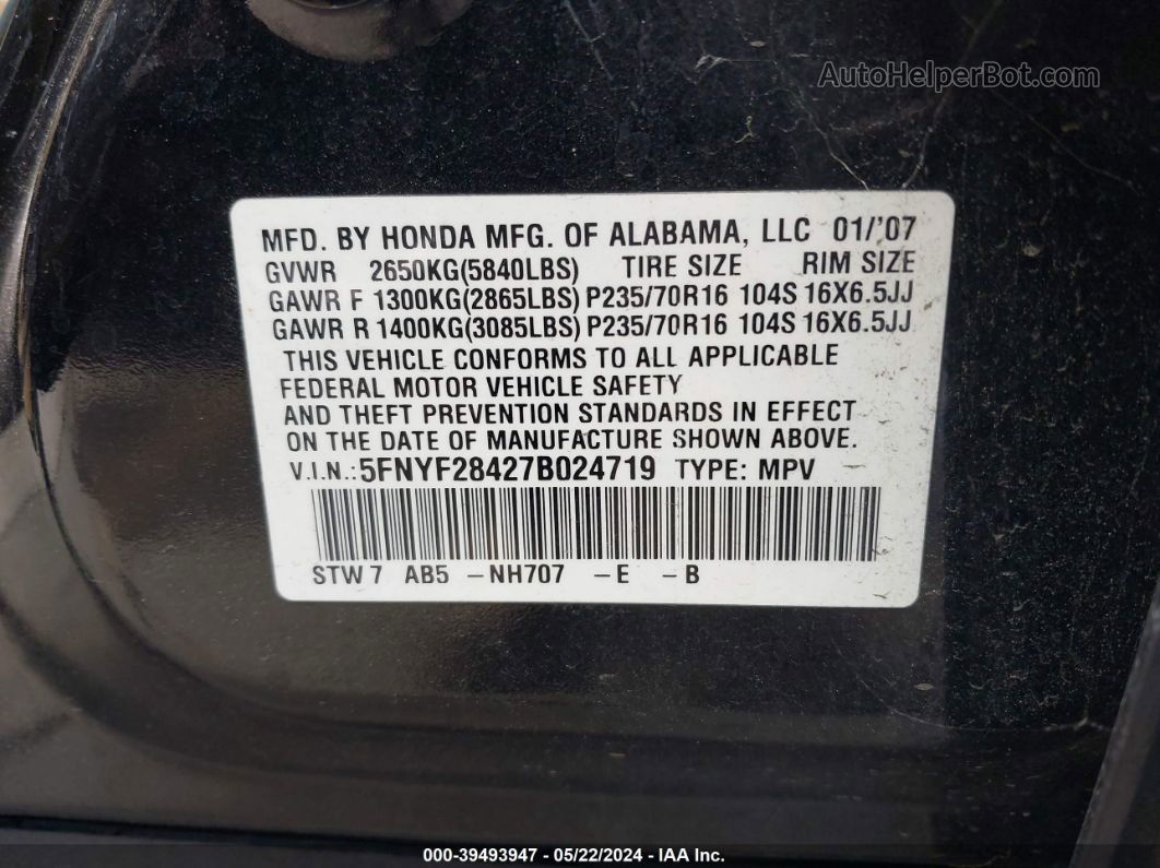 2007 Honda Pilot Ex Black vin: 5FNYF28427B024719