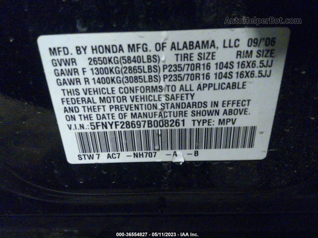 2007 Honda Pilot Ex-l Black vin: 5FNYF28697B008261