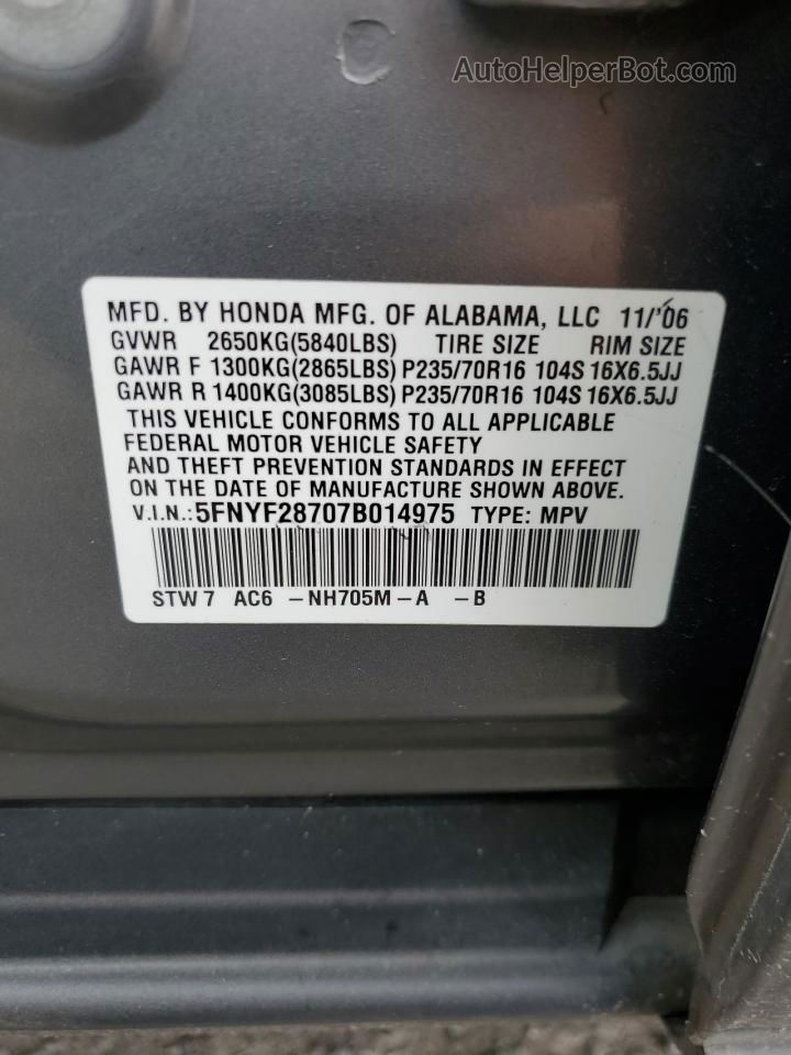 2007 Honda Pilot Exl Gray vin: 5FNYF28707B014975