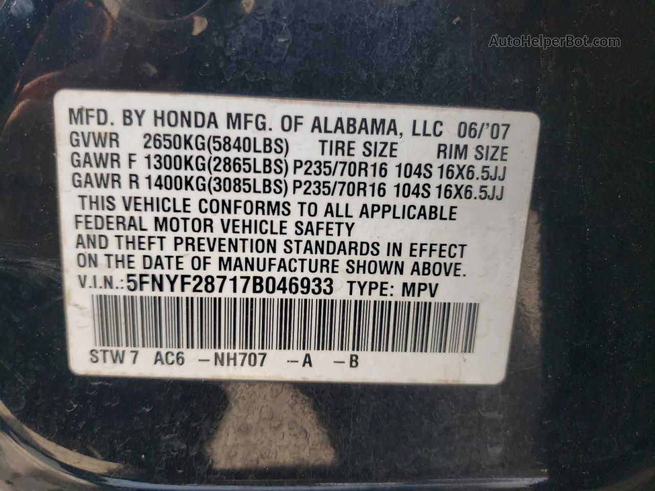 2007 Honda Pilot Exl Черный vin: 5FNYF28717B046933