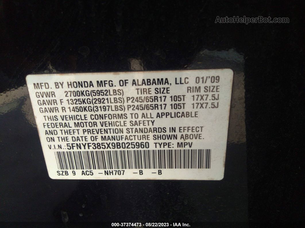 2009 Honda Pilot Ex-l Black vin: 5FNYF385X9B025960