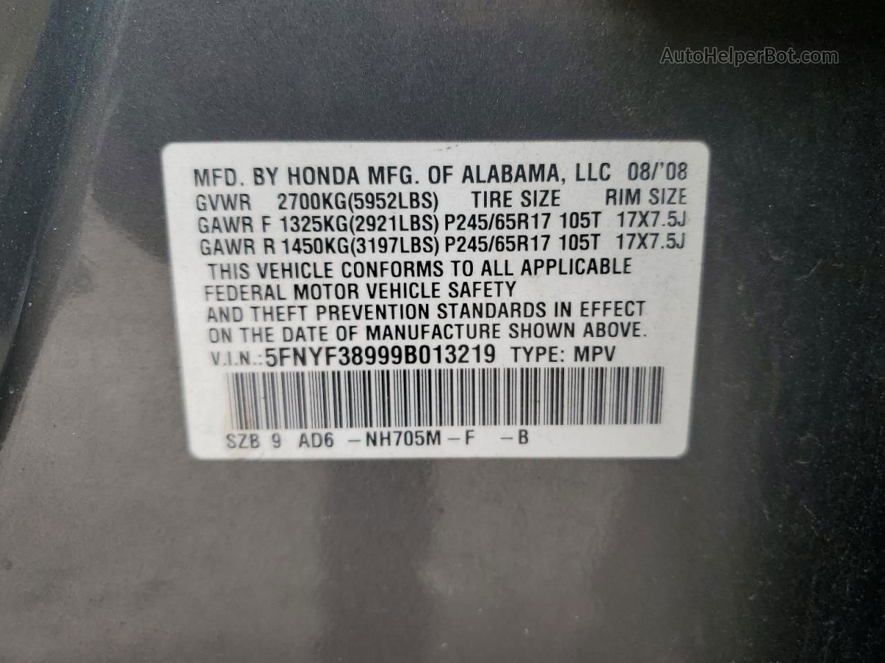 2009 Honda Pilot Touring Gray vin: 5FNYF38999B013219