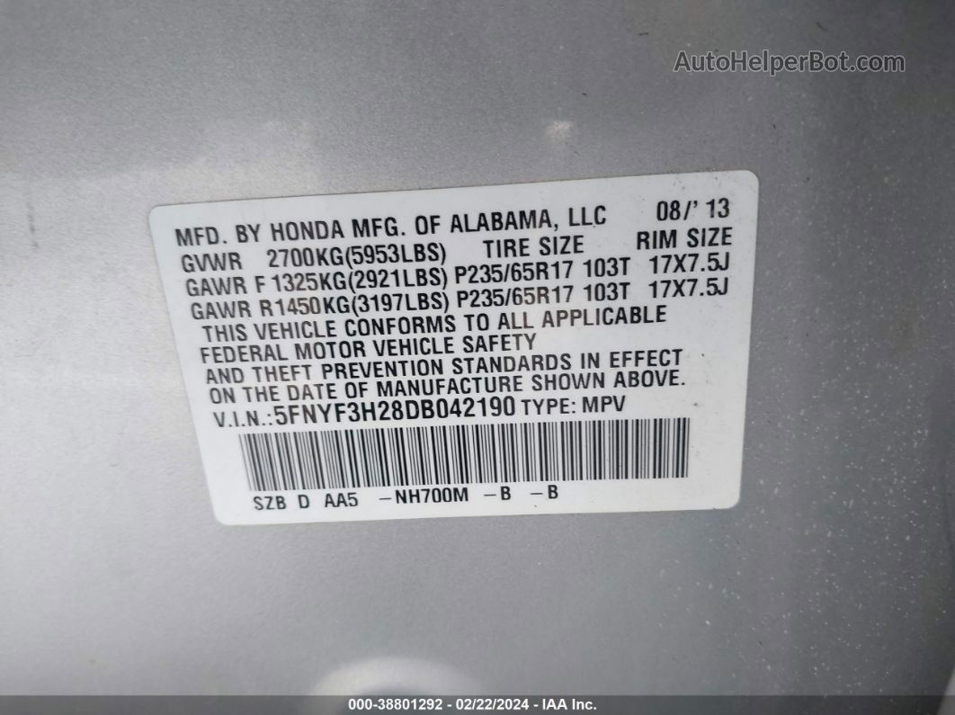 2013 Honda Pilot Lx Серебряный vin: 5FNYF3H28DB042190