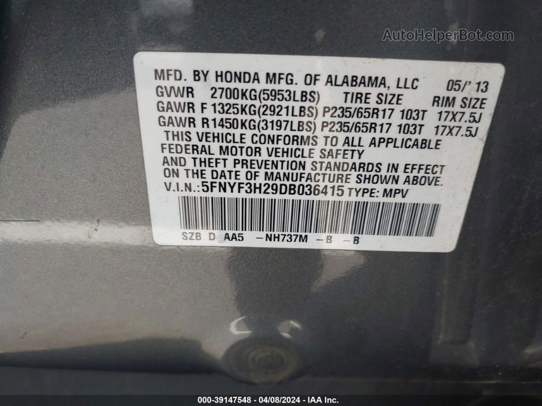 2013 Honda Pilot Lx Серый vin: 5FNYF3H29DB036415