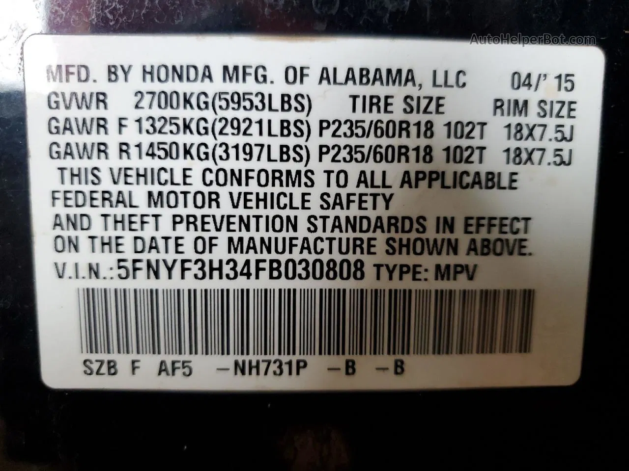 2015 Honda Pilot Se Black vin: 5FNYF3H34FB030808