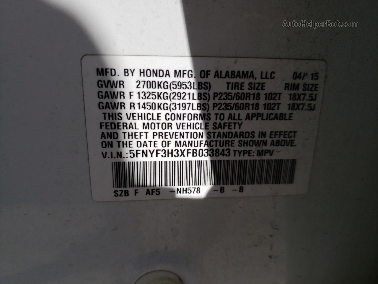 2015 Honda Pilot Se White vin: 5FNYF3H3XFB033843