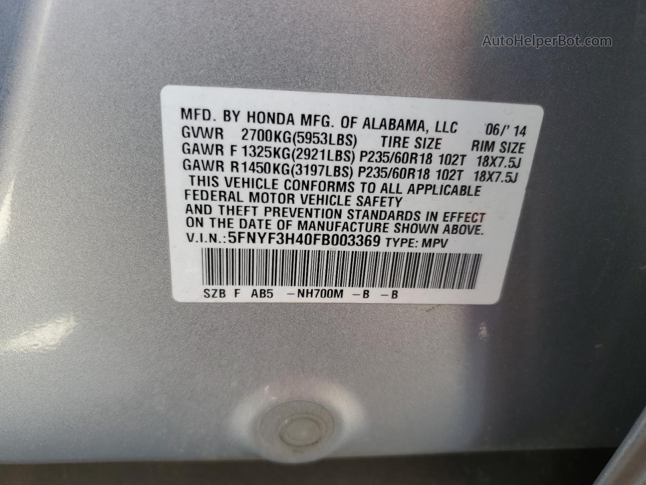 2015 Honda Pilot Ex Silver vin: 5FNYF3H40FB003369