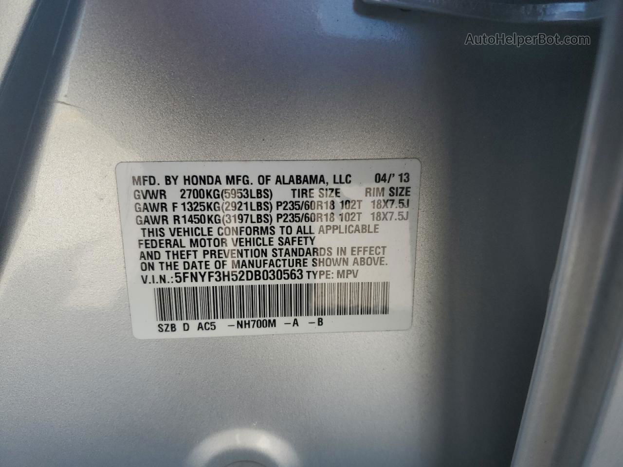 2013 Honda Pilot Exl Серебряный vin: 5FNYF3H52DB030563