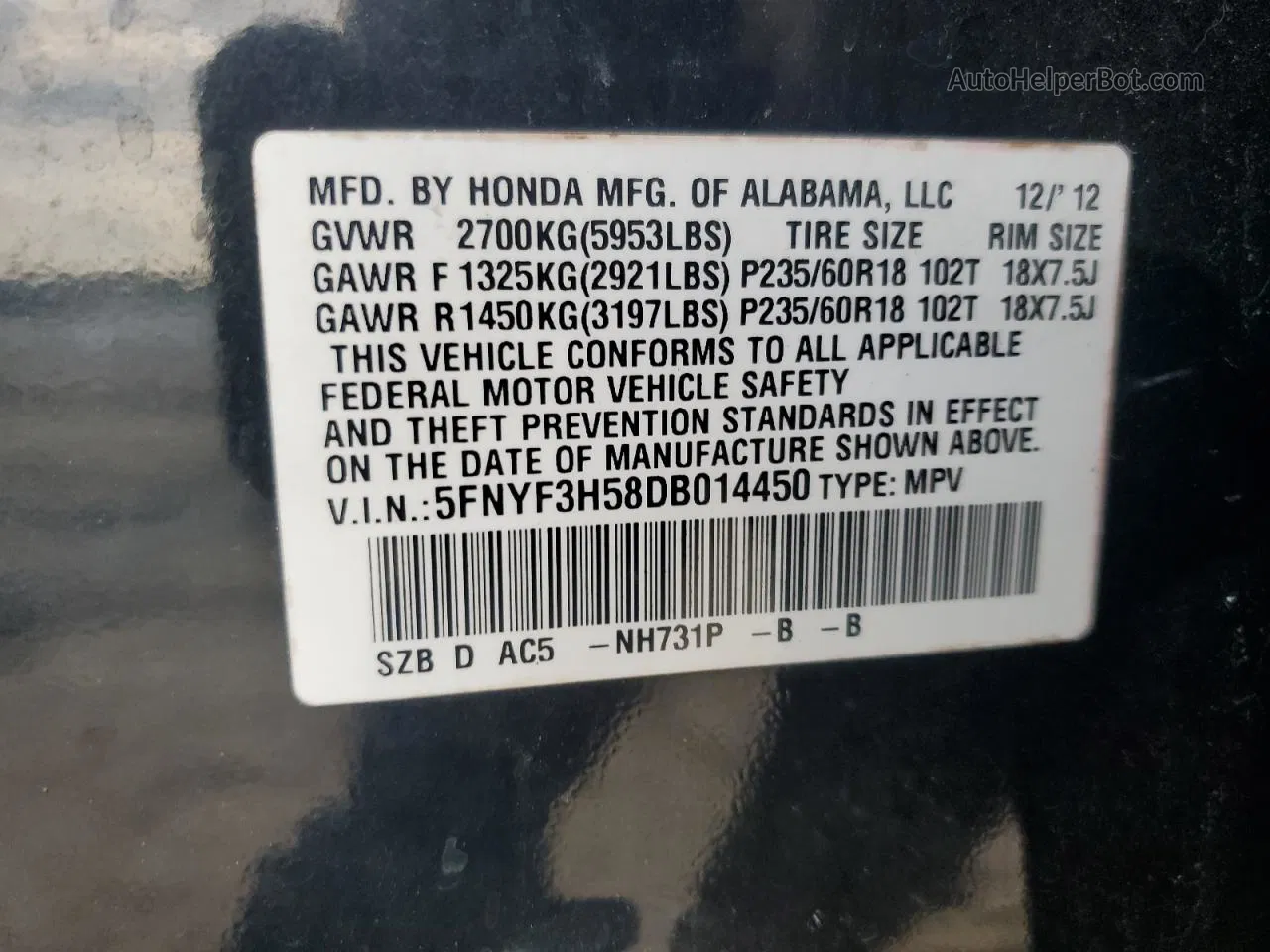 2013 Honda Pilot Exl Черный vin: 5FNYF3H58DB014450