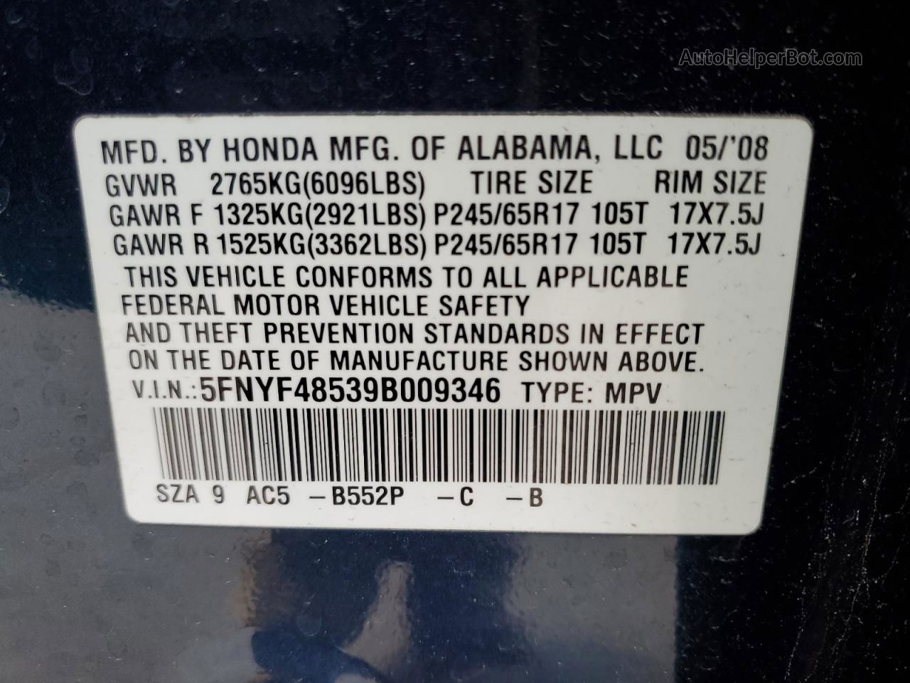 2009 Honda Pilot Exl Blue vin: 5FNYF48539B009346