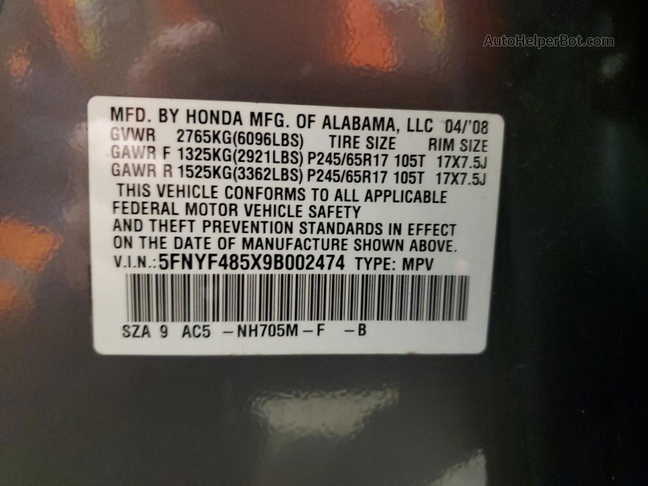 2009 Honda Pilot Exl Charcoal vin: 5FNYF485X9B002474