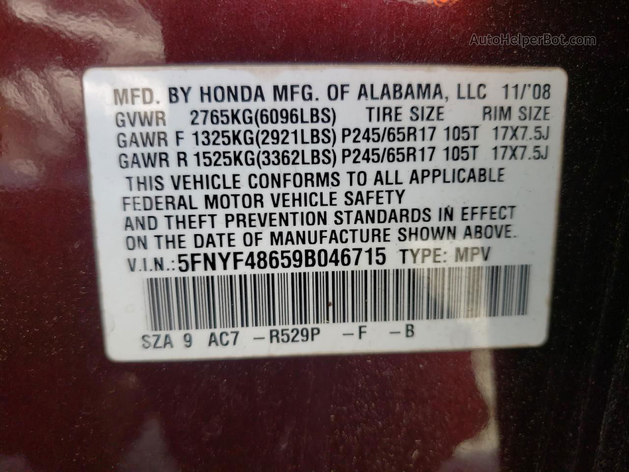 2009 Honda Pilot Exl Burgundy vin: 5FNYF48659B046715