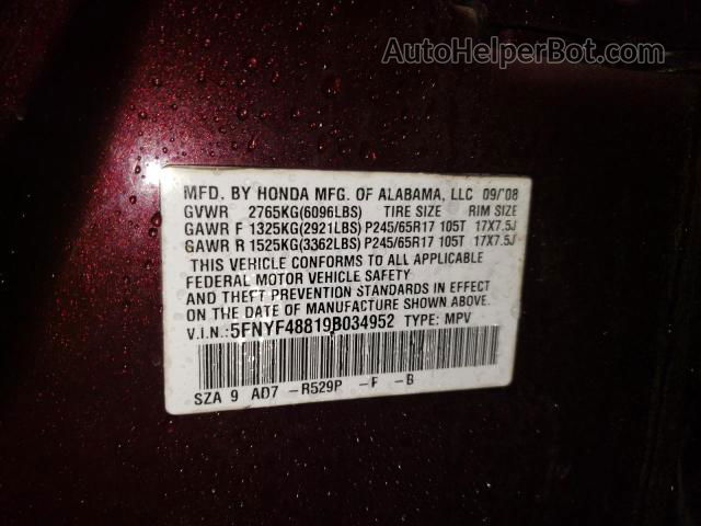 2009 Honda Pilot Touring Бордовый vin: 5FNYF48819B034952