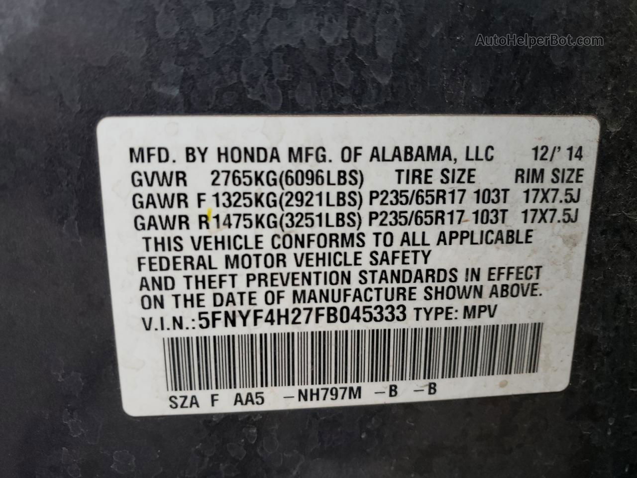 2015 Honda Pilot Lx Gray vin: 5FNYF4H27FB045333
