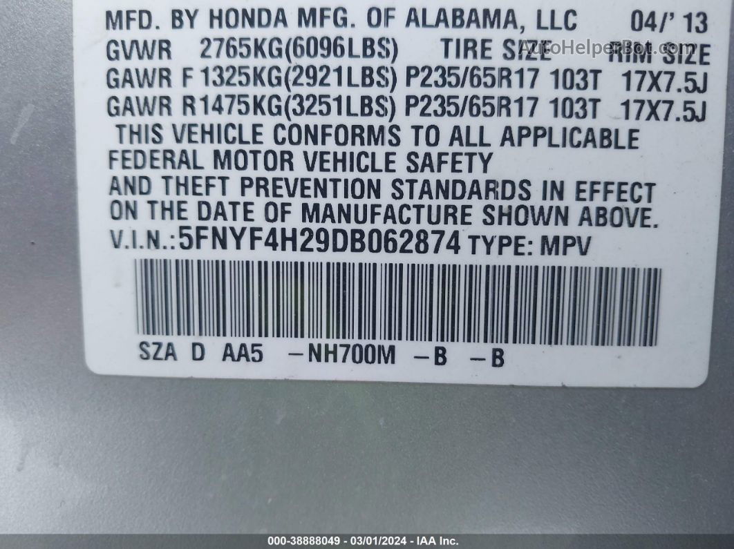 2013 Honda Pilot Lx Silver vin: 5FNYF4H29DB062874