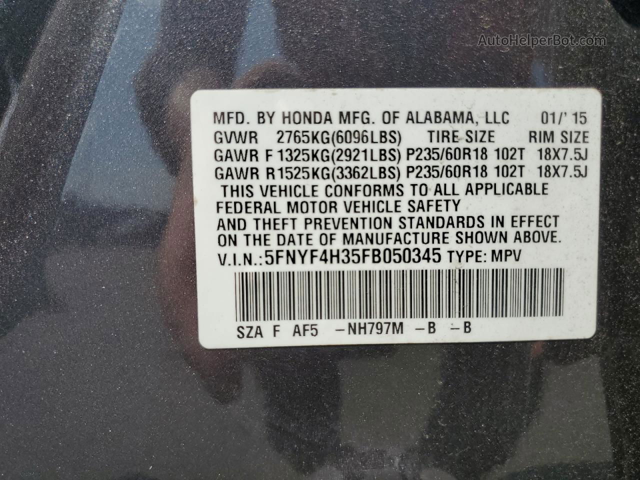 2015 Honda Pilot Se Charcoal vin: 5FNYF4H35FB050345