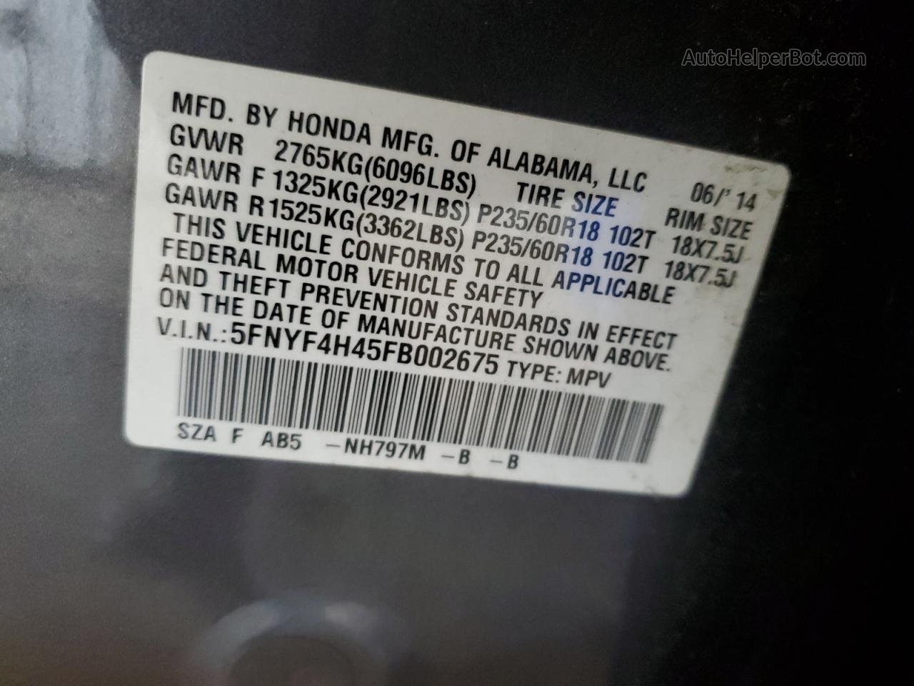 2015 Honda Pilot Ex Серый vin: 5FNYF4H45FB002675