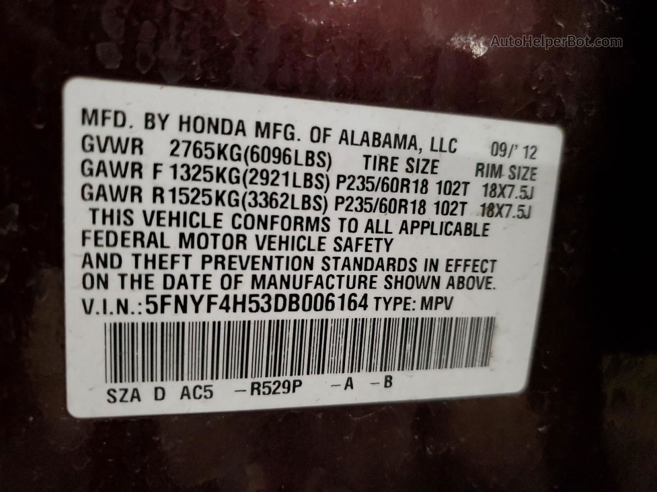 2013 Honda Pilot Exl Maroon vin: 5FNYF4H53DB006164