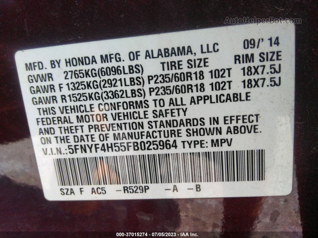 2015 Honda Pilot Ex-l Темно-бордовый vin: 5FNYF4H55FB025964