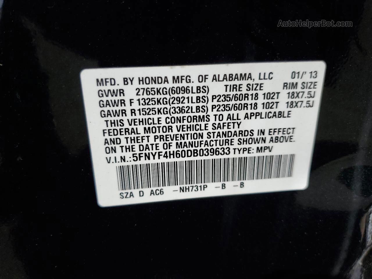 2013 Honda Pilot Exl Черный vin: 5FNYF4H60DB039633