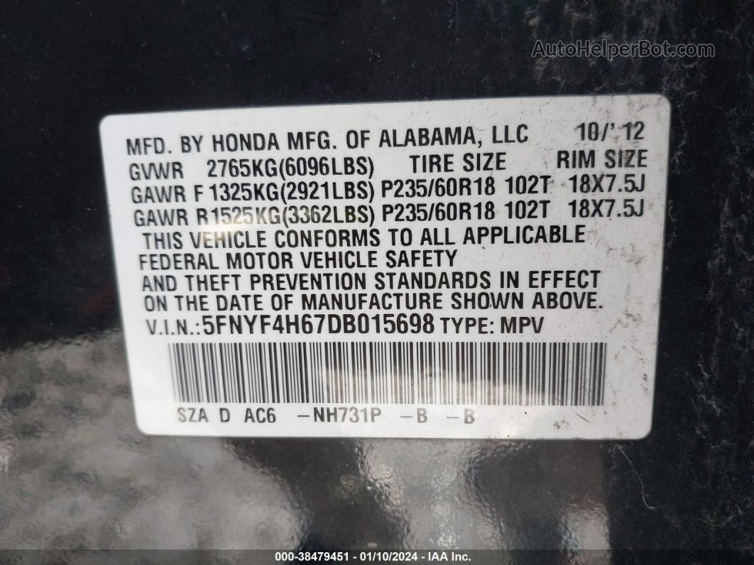 2013 Honda Pilot Ex-l Black vin: 5FNYF4H67DB015698