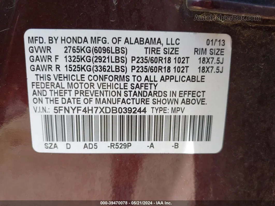 2013 Honda Pilot Ex-l Burgundy vin: 5FNYF4H7XDB039244