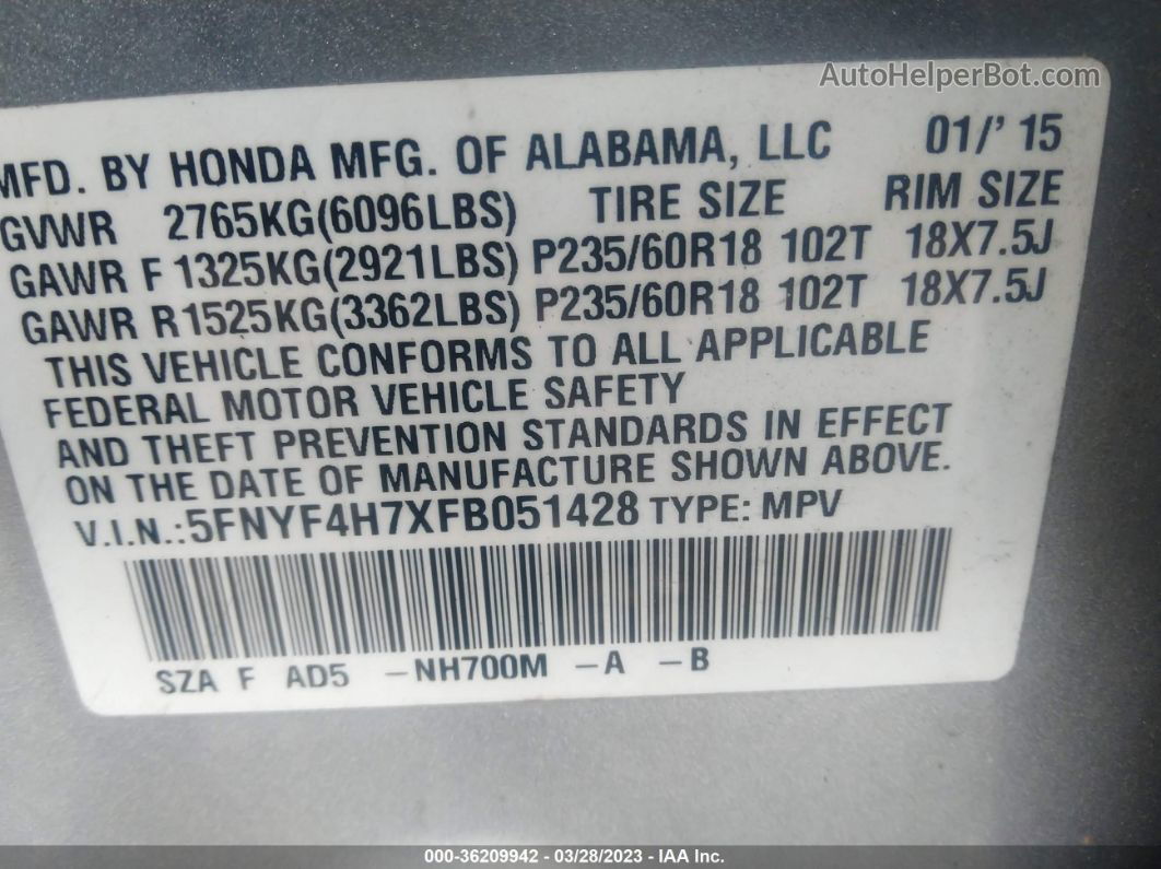 2015 Honda Pilot Ex-l Silver vin: 5FNYF4H7XFB051428