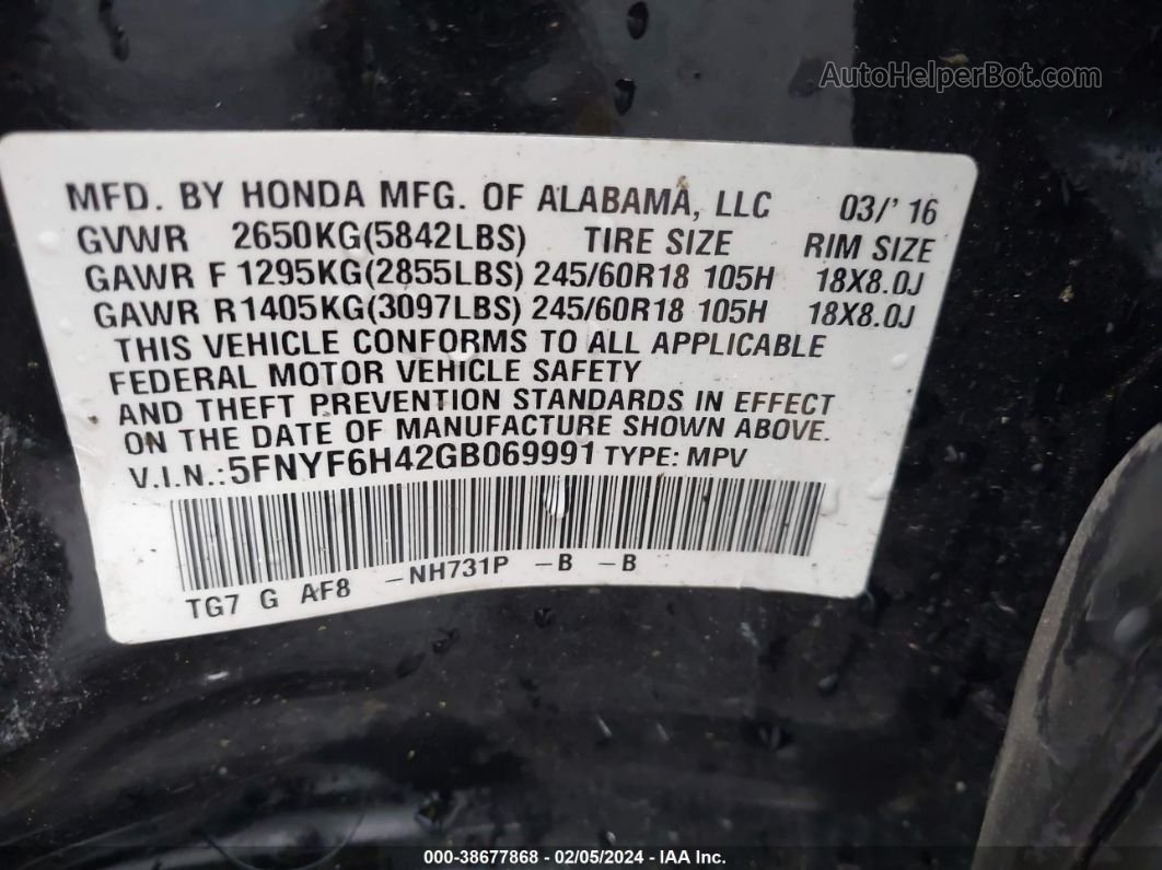 2016 Honda Pilot Ex Black vin: 5FNYF6H42GB069991