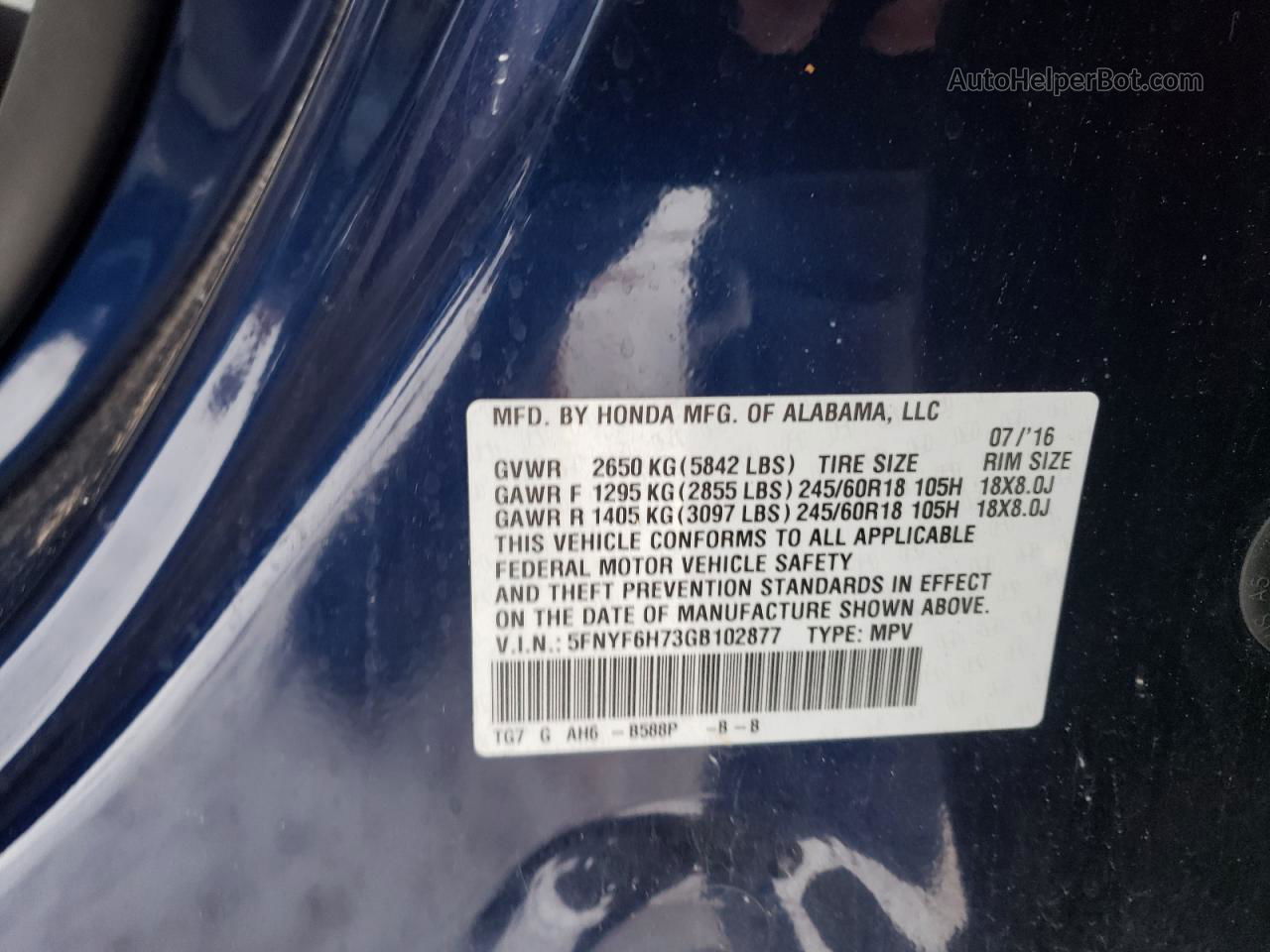 2016 Honda Pilot Exln Синий vin: 5FNYF6H73GB102877
