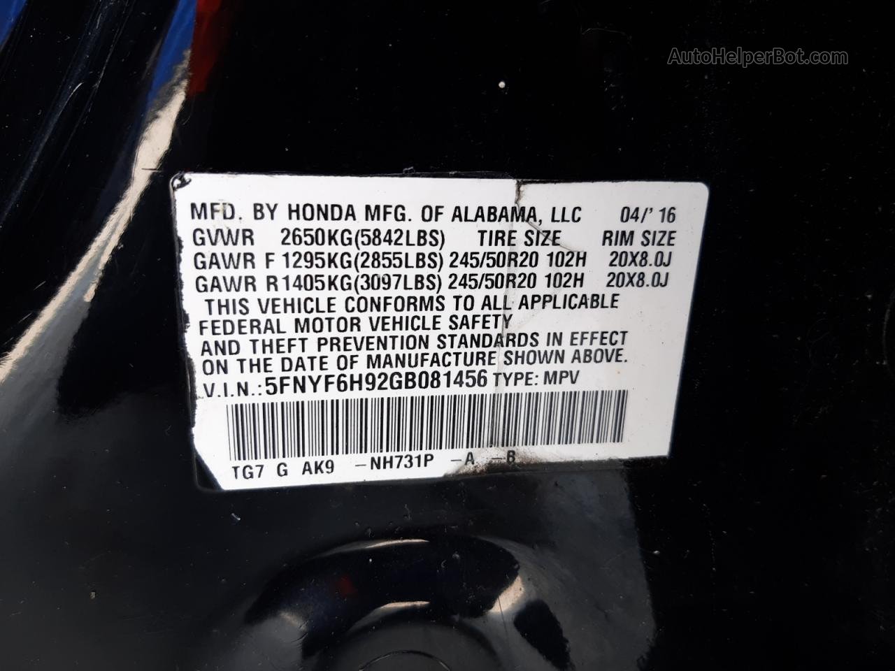 2016 Honda Pilot Touring Black vin: 5FNYF6H92GB081456