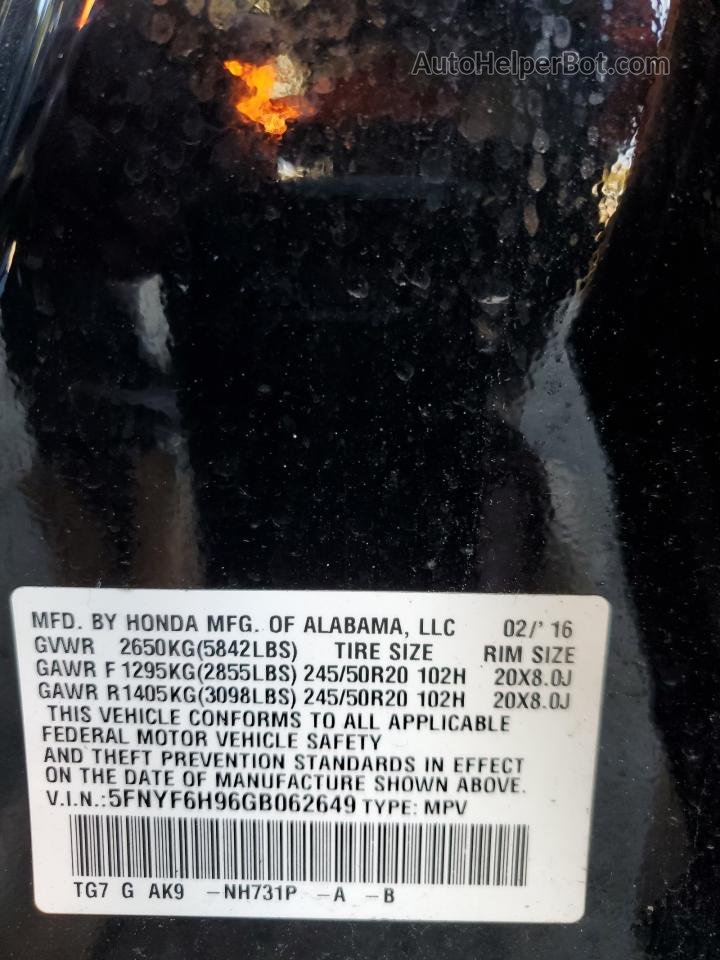 2016 Honda Pilot Touring Черный vin: 5FNYF6H96GB062649