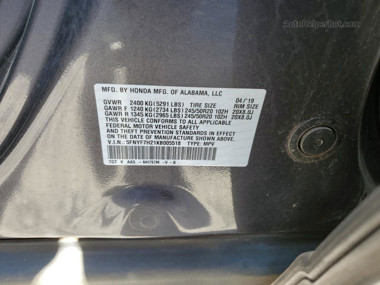 2019 Honda Passport Sport Charcoal vin: 5FNYF7H21KB005518