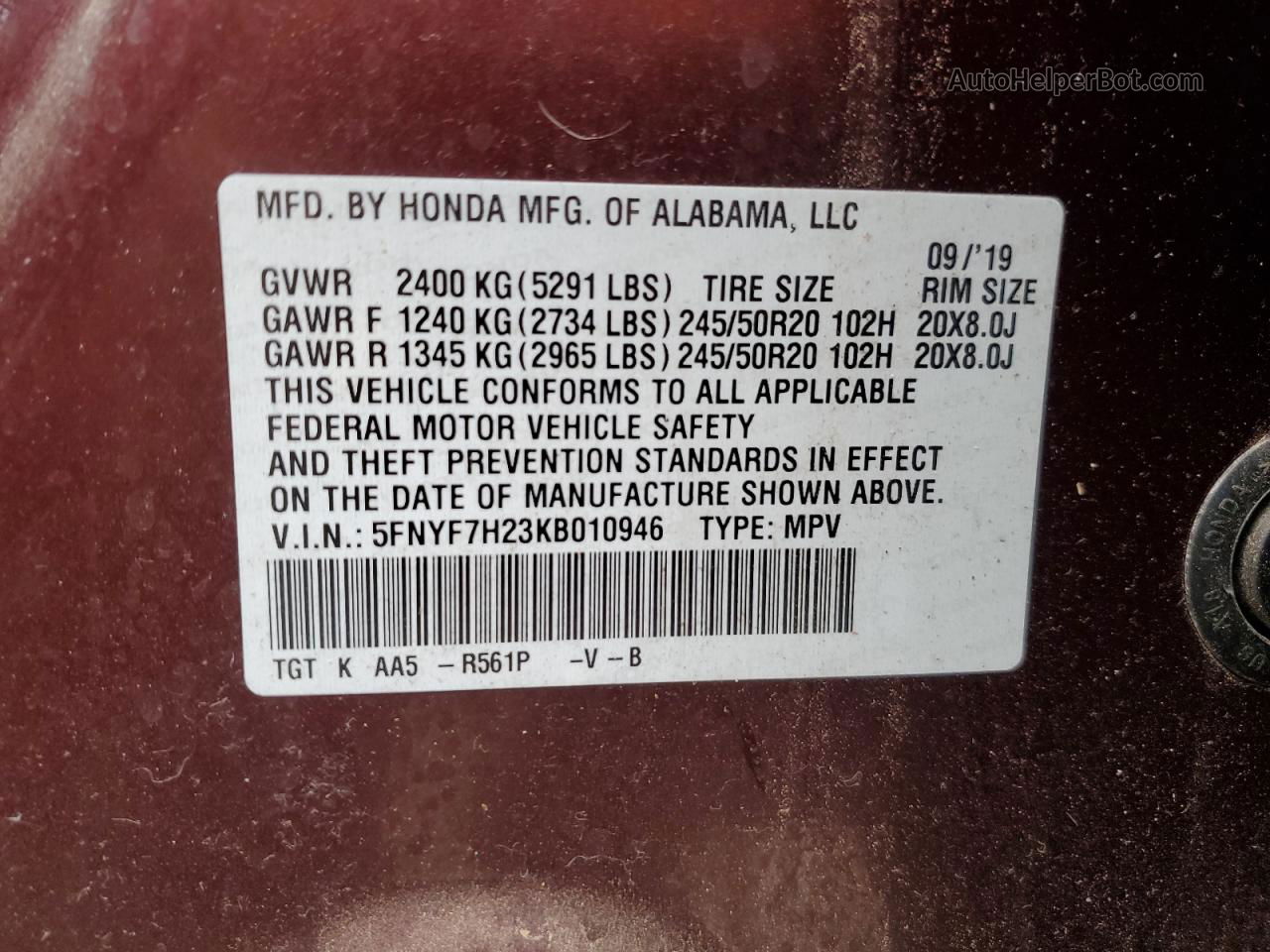 2019 Honda Passport Sport Maroon vin: 5FNYF7H23KB010946