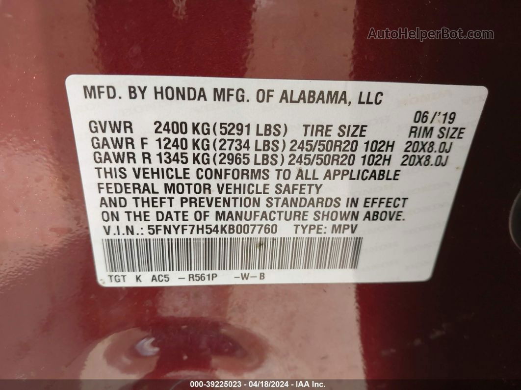 2019 Honda Passport Ex-l Maroon vin: 5FNYF7H54KB007760