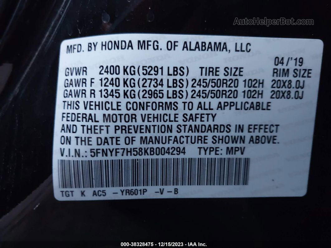 2019 Honda Passport Ex-l Черный vin: 5FNYF7H58KB004294