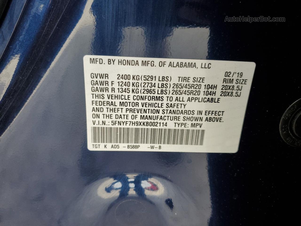 2019 Honda Passport Touring Blue vin: 5FNYF7H9XKB002114